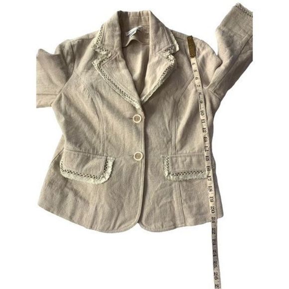 Newport News Women’s Sz 8 Cream Linen Cotton 2 Button Lace Fringe Blazer - Picture 11 of 12